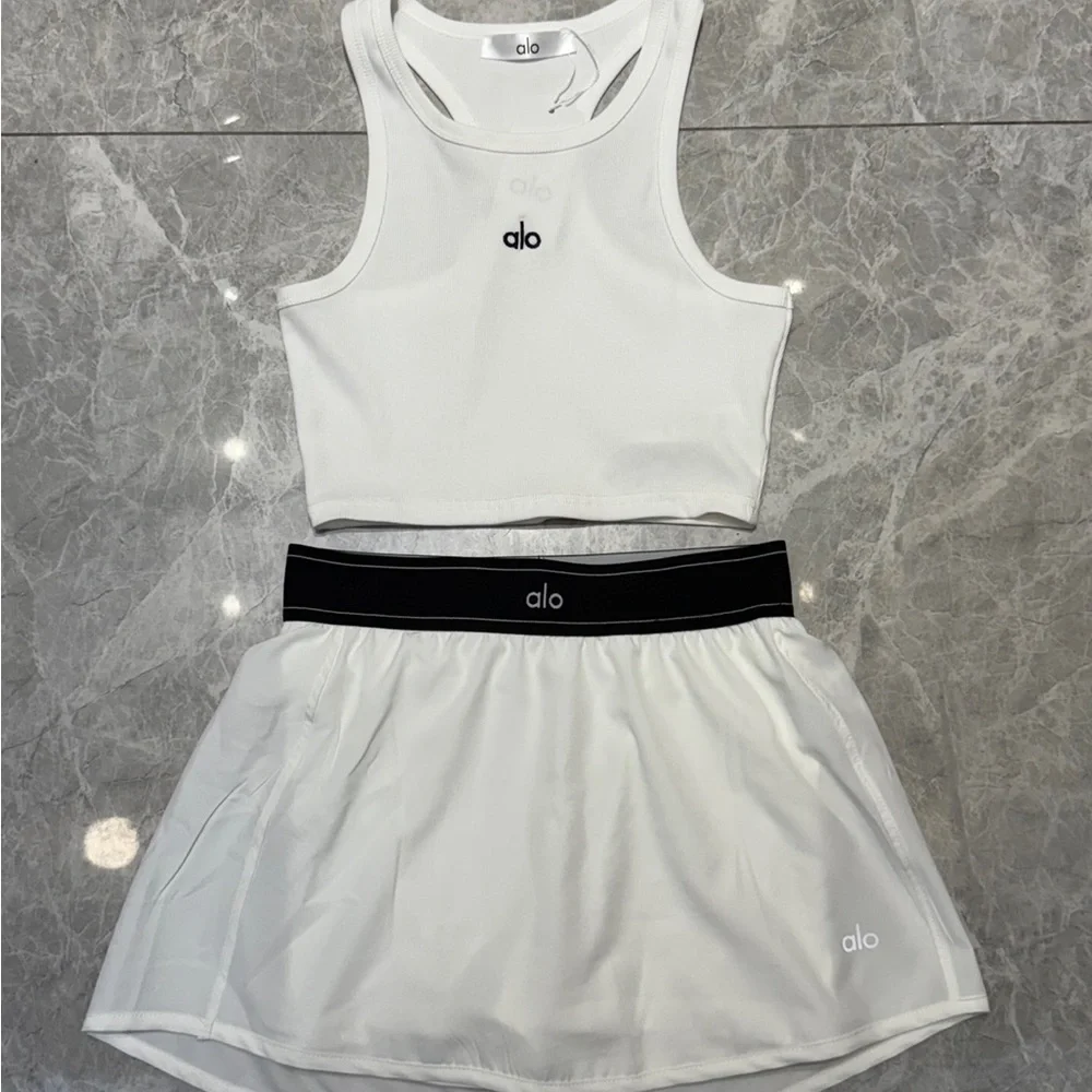ALO Yoga White Skirt Set with Black Accents
